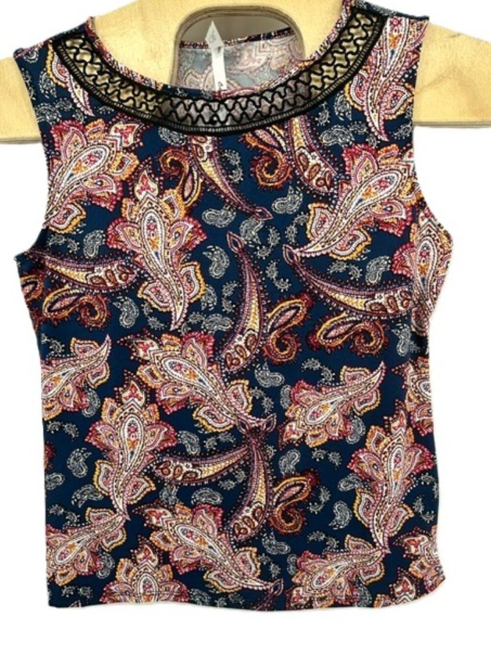 NY Collection Large Tank Top Paisley Floral Lace Neckline Blue Red Yellow White